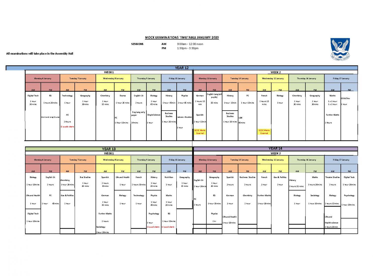 Mock Examinations Timetable 2020 - Glenlola Collegiate